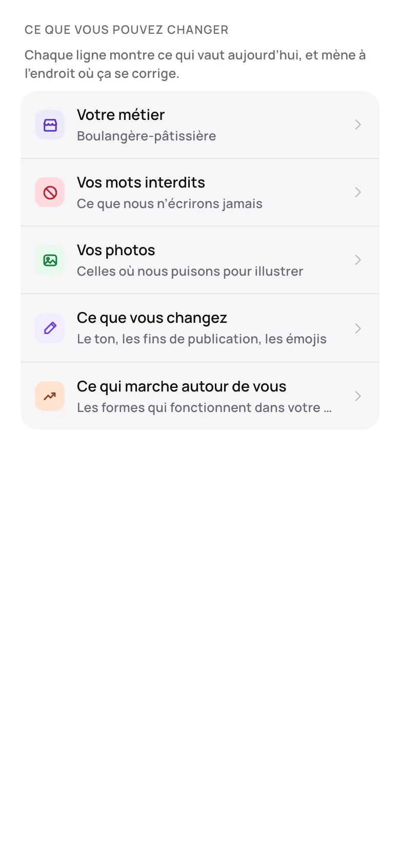 L’écran « Ma marque » de Pulse, section « Ce que vous pouvez changer » : votre métier, vos mots interdits, vos photos, ce que vous changez, ce qui marche autour de vous.