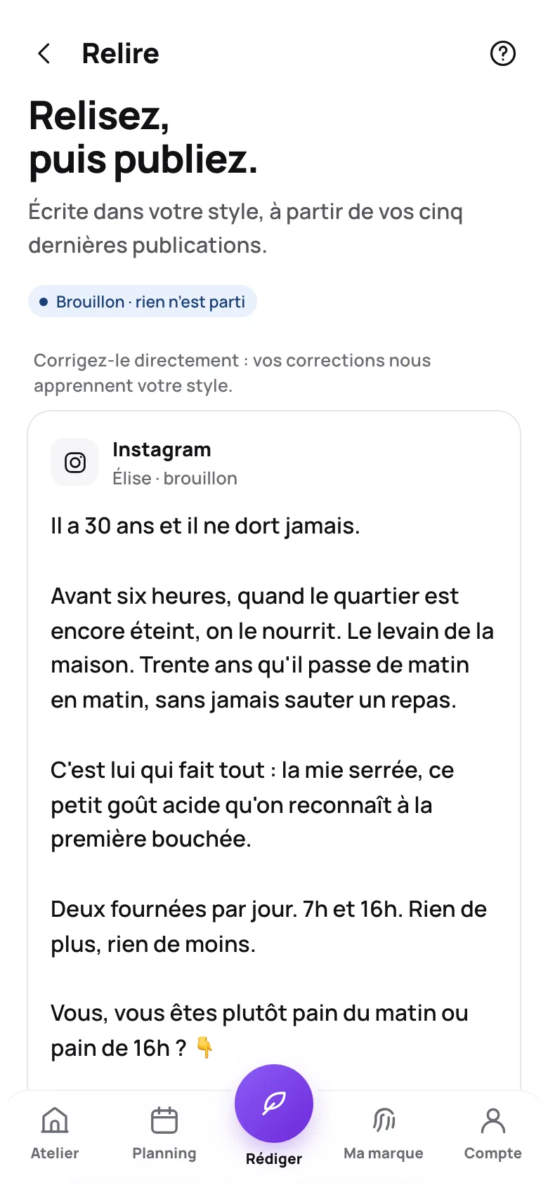 L’écran « Relisez, puis publiez » de Pulse : la légende écrite dans votre style, à corriger directement avant l’envoi.